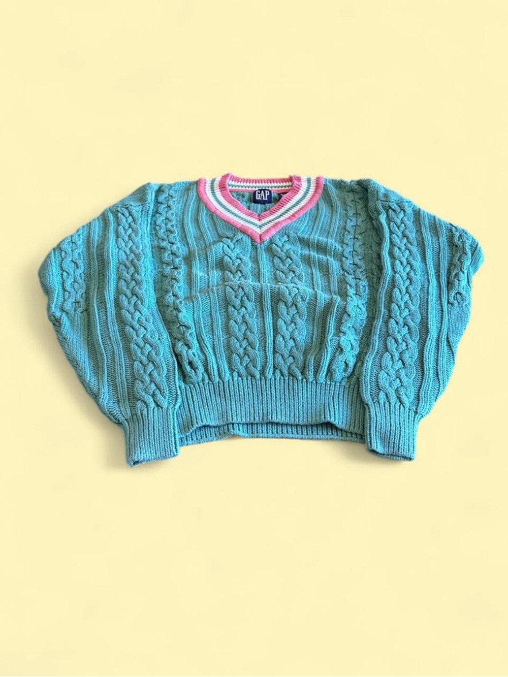 Vintage GAP Cable Knit Sweater Women’s Large Green Pink Preppy Cotton